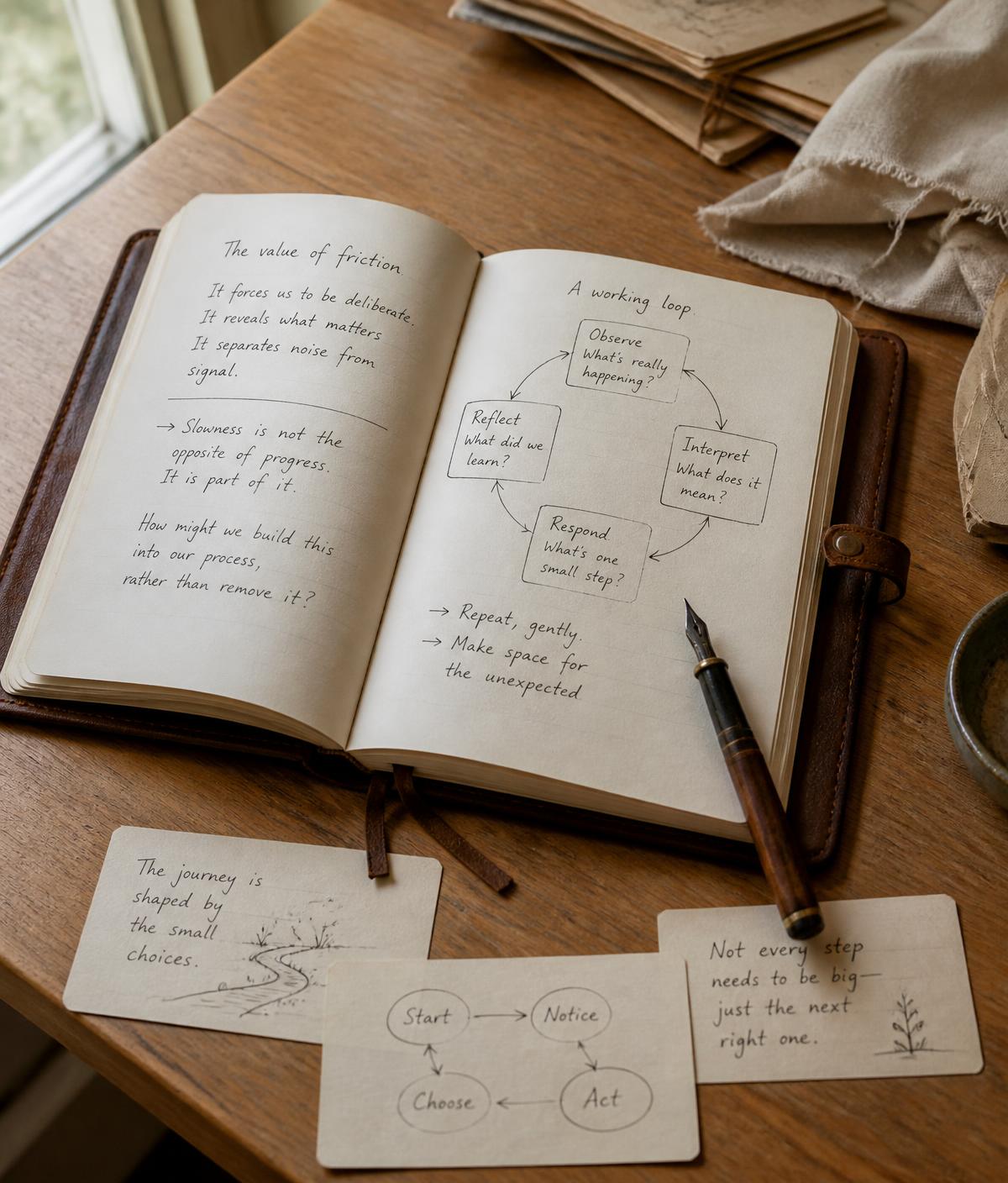 An open leather notebook on a wooden desk, with handwritten process notes, a working-loop sketch, index cards, and a fountain pen