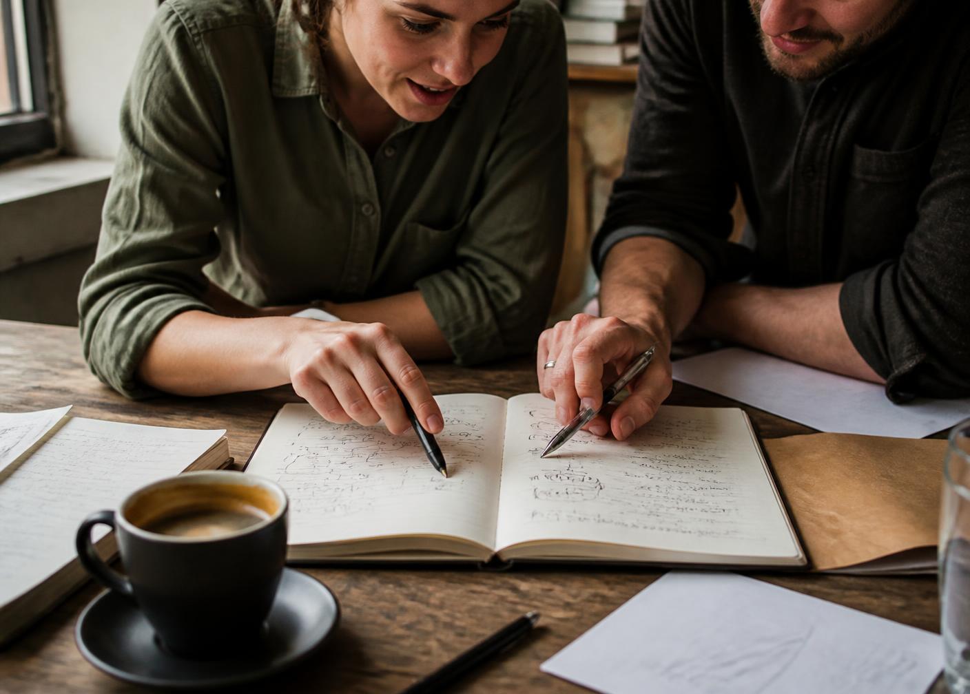 Two people leaning forward over an open notebook, working through a hand-drawn idea together
